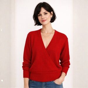 Vintage Cherry Red Deep V-Neck Faux Wrap Sweater - Women's Wool Knit